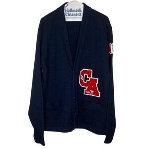 AMF Varsity Cardigan Mens Large Navy Blue Acrylic Chenille Patch Good